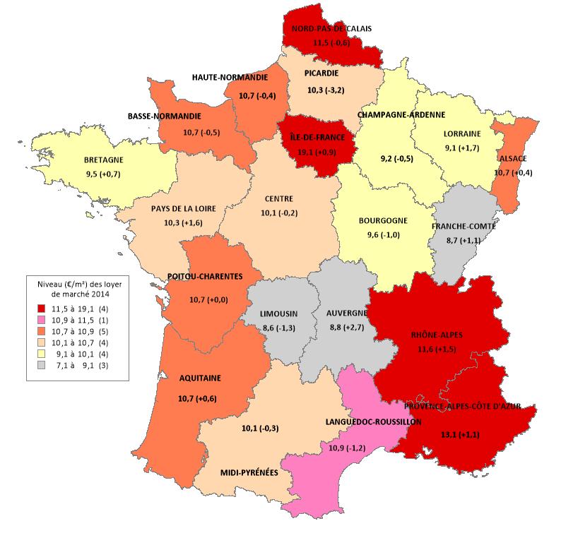 de 10.5 à 11 /m², on trouve alors l Alsace, l Aquitaine, la Basse Normandie, la Haute Normandie et Poitou-Charentes ; puis entre 11 et 11.