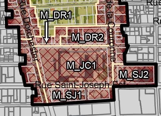 Plan des affectations détaillées du PPU M_DR2 Usages autorisés Habitation (2 e étage et plus) Commerces, bureaux (RC au 5 e étage)