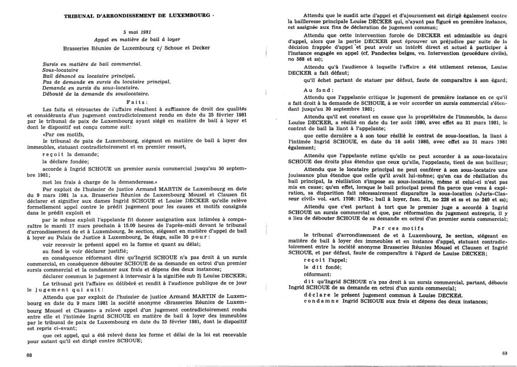 TRIBUNAL D'ARRONDISSEMENT 5 mai 1981 Appel en matière de bail d loyer DE LUXEMBOURG. Brasseries Réunies de Luxembourg ci Schoue et Decker Sursis en matière de bail commercial.