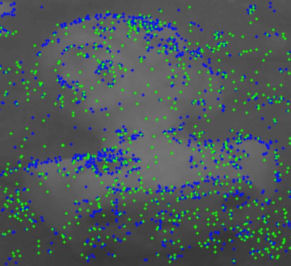 , 2011], points de Harris (en bleu) et points SIFT (en vert) détectés sur un buste déposé au fond d un fleuve [Méline et al.