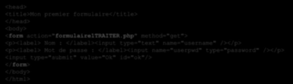 php" method="get"> <p><label> Nom : </label><input type="text" name="username" /></p> <p><label> Mot de passe : </label><input name="userpwd" type="password" /></p> <input type="submit" value="ok"