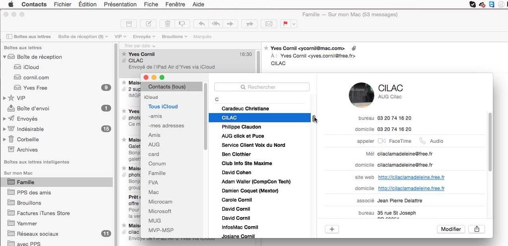 Réception de la fiche contact vcf dans Mail version 8.2 sur le Mac. Le ficher CILAC.