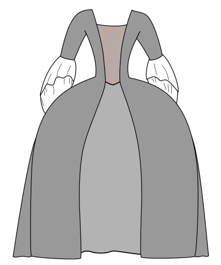 À la fin du XVIIIe siècle, elle devient robe «à l anglaise». Elle se compose alors d un manteau de robe avec une traîne et des basques, d une jupe, et de manches trois quarts en sabot.