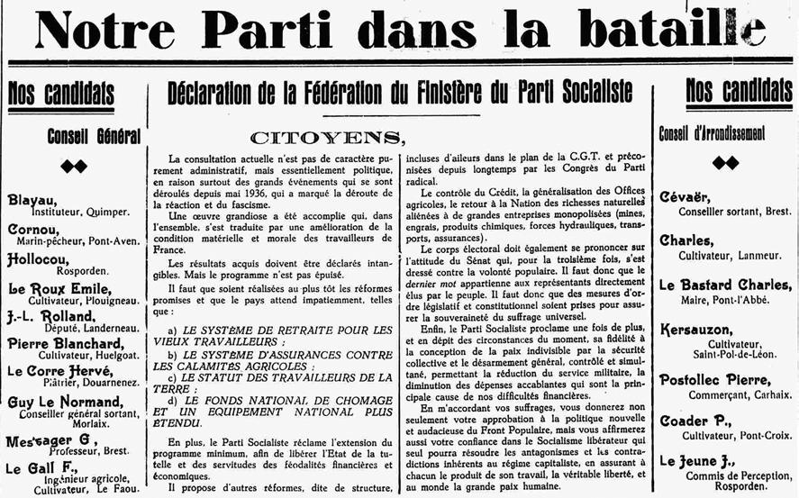 Le Breton socialiste du 2 octobre 1937. Le nom de Louis Blayau, intistuteur à Quimper, apparaît à l occasion de la campagne des cantonales. scrutin extrêmement serré (4 021 voix contre 4 187 voix).