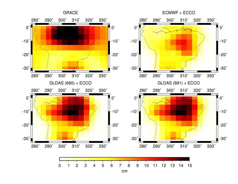 Variations de hauteur d eau déduites de GRACE Amérique du Sud (1) Corrélation entre les solutions mascon (GSFC) et