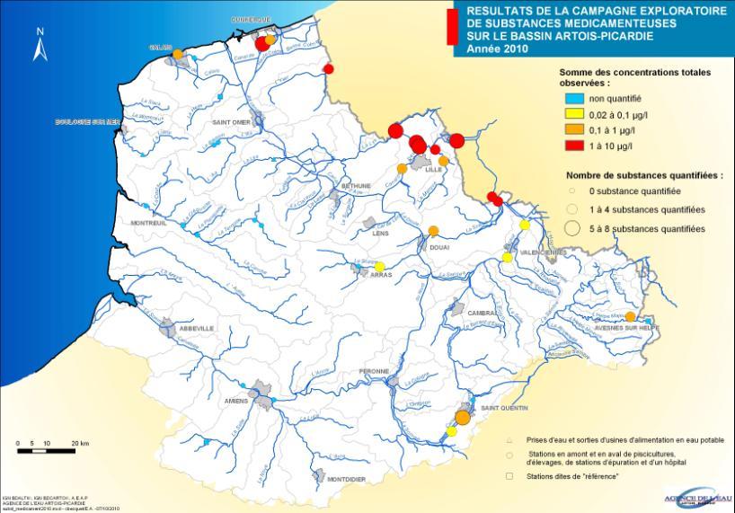 Recherche de résidus médicamenteux dans les cours d eau du bassin Artois-Picardie 8 substances quantifiées sur un total de 20 stations, Concentrations observées entre 0.02 et 7.