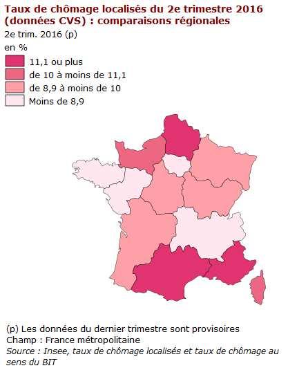Le taux de chômage le plus élevé de France mais des disparités territoriales Source : INSEE CGET, De nouveaux indicateurs régionalisés pour définir la richesse, mars 2016 La région a été fortement