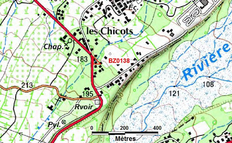 Parcelle BZ0138 Les Chicots Localisation : Figure 19 Localisation de la parcelle BZ0138 ( IGN, Scan 25 ) Objet de la demande de la mairie de Saint-Benoît : Justification du zonage d aléa.