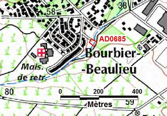 Parcelle AD0685 Bourbier Beaulieu Localisation : Figure 29 Localisation de la parcelle AD0685 ( IGN, Scan 25 ) Objet de la demande de la mairie de Saint-Benoît : Précision du zonage inondation.