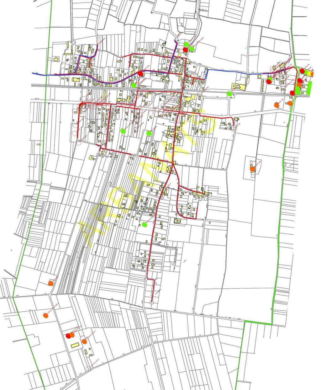 Extrait du plan de conformité des installations en assainissement autonome (Source Lyonnaise des Eaux) résultats des enquêtes : - vert : installation acceptable - jaune :