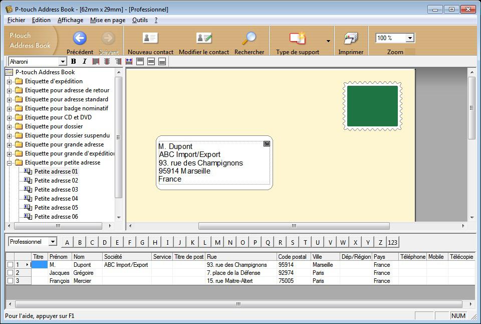 Comment utiliser P-touch Editor Fenêtre de mise en page La fenêtre de mise en page est composée des huit sections suivantes : 1 2 3 4 5 6 6 7 8 1 Barre de menus Les commandes sont classées par
