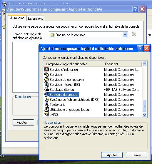 Menu Fichier: Ajouter Composant logiciel enfichable, Sélectionner l'objet