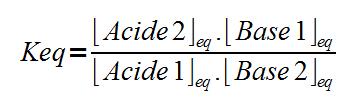 Acide 1 + Base 2 Base 1 + Acide 2 Si Keq est > 1 alors la concentration des produits est plus élevée que celle des réactifs à l équilibre, la réaction va «vers la droite» L acide 1 est plus fort