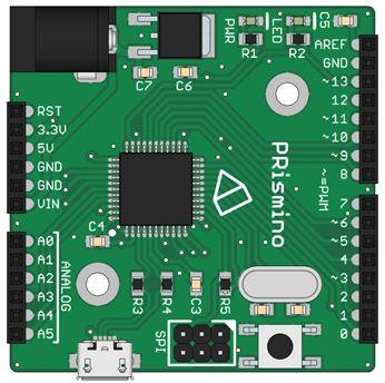 PRismino Microcôntroleur 32u4 Bouton RESET - permet de réinitialiser le programme GPIO (General Purpose Input Output) - sorties/entrées digitales ou analogiques (de 0V à 5V) - en