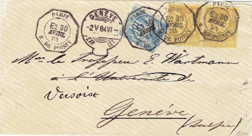 TARIF DU 1 er JUIN 1863 : loi du 9.05.1863 2 ème délai = taxe de 40c. SUISSE Levée exceptionnelle de PARIS R. DE POISSY pour Versoix - Genève (Suisse) Tarif du 01.04.