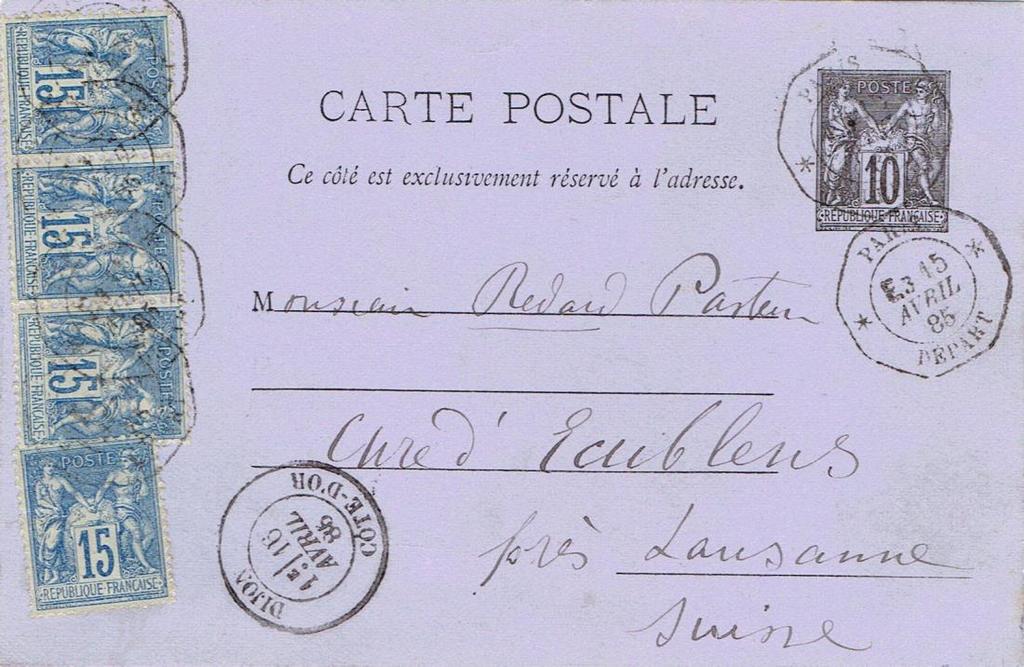 TARIF DU 1 er JUIN 1863 : loi du 9.05.1863 3 ème délai = taxe de 60c. SUISSE Levée exceptionnelle de PARIS DEPART pour Ecublens, (près de Lausanne Suisse) Tarif du 01.04.