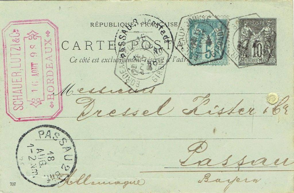 TARIF DU 1.01.1896 : loi du 27.12.1895 1 seul délai = taxe de 5c. ALLEMAGNE (EMPIRE d') Levée exceptionnelle de BORDEAUX BOURSE pour Passau (Bavière-Empire d'allemagne) Tarif du 01.04.
