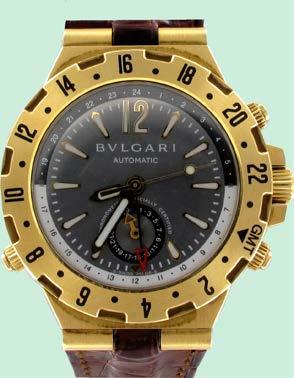), 7g or BULGARI : Montre d'homme or, modèle Diagono Professional GMT, sur bracelet cuir marron, boucle déployante or, mouvement automatique, Brut 150g 134 4 000 135 136 CARTIER : Montre acier,