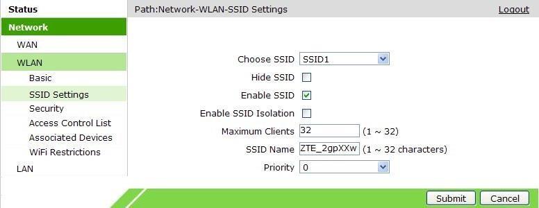 4.1.2 SSID Settings (Réglage du nom du réseau Wi-Fi) Sélectionnez [Network WLAN SSID Settings]. 1. Afficher/Cacher le nom du réseau Wi-Fi (SSID) : a.