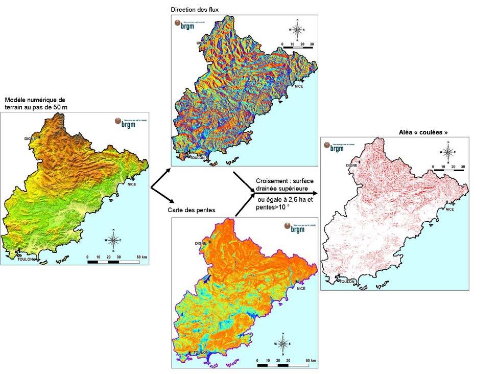 Illustration 37 : Principe d élaboration de la carte de l aléa «coulées» La Provence cristalline étant la dernière zone d étude de la cartographie régionale, la carte de l aléa «coulées» a été