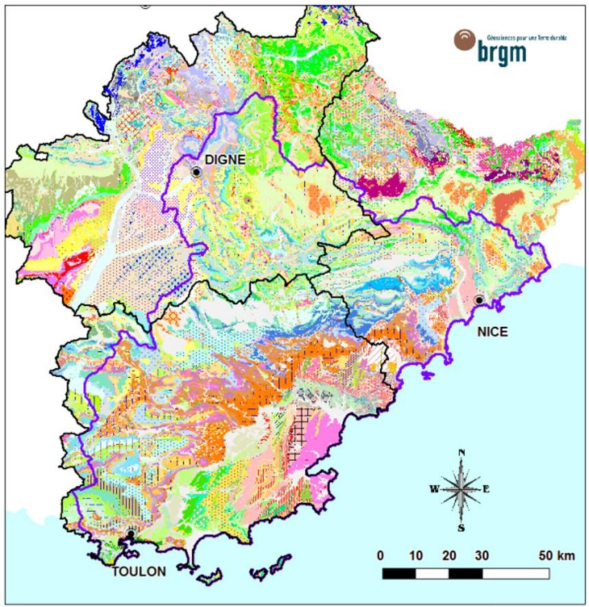 Illustration 14 : Assemblage des cartes géologiques numériques au 1/50 000 sur la Provence cristalline Afin d obtenir une carte des formations géologiques, homogène sur la zone d étude, un travail d