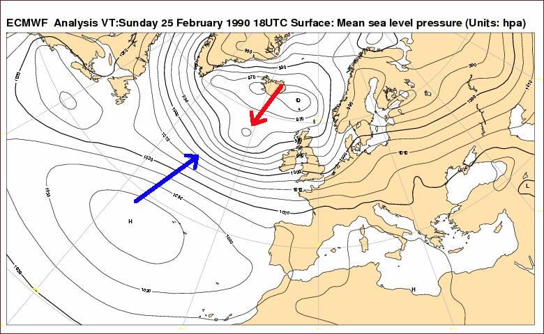 Données de pression Le petit minimum isolé très au large de l Irlande le 25 février 1990 à 18 UTC (figure 2) se décale vers le Sud de la Suède (figure 3) puis vers le Nord de la Finlande (figure 4).