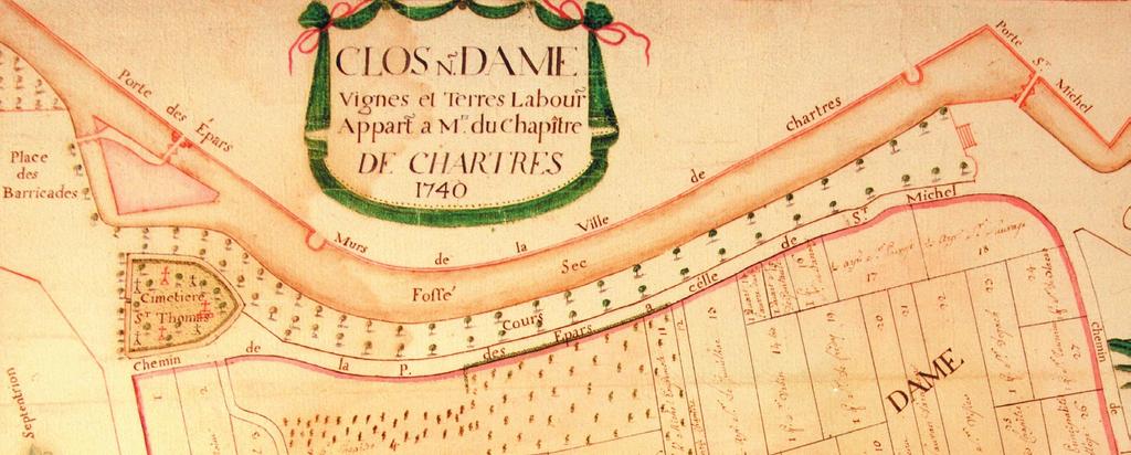 Cl. J.-Y. Populu. Archives départ. d Eure-et-Loir. Le secteur des Épars (place des Barricades), le cimetière Saint-Thomas et le boulevard Chasles (Cours) en 1740.
