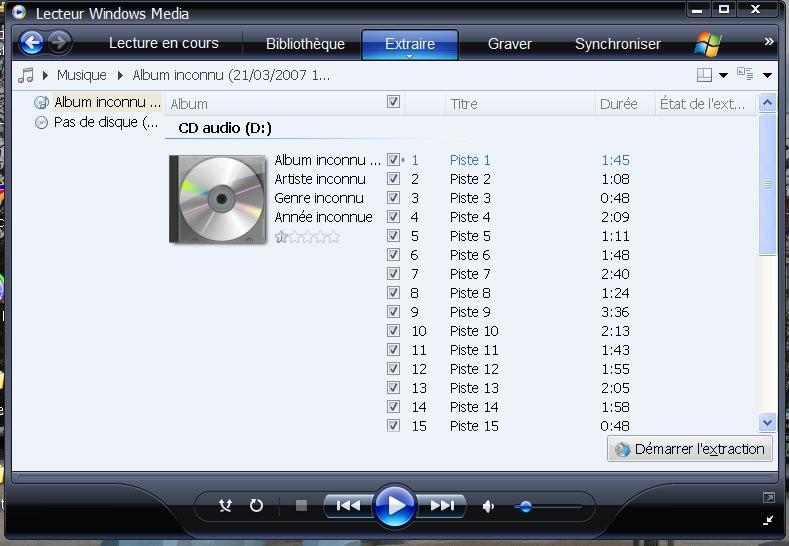 Récupérer une piste audio d un CD avec Windows Média Player Vous allez introduire le CD dans le lecteur de l ordinateur et lancer le player «Windows Média Player».