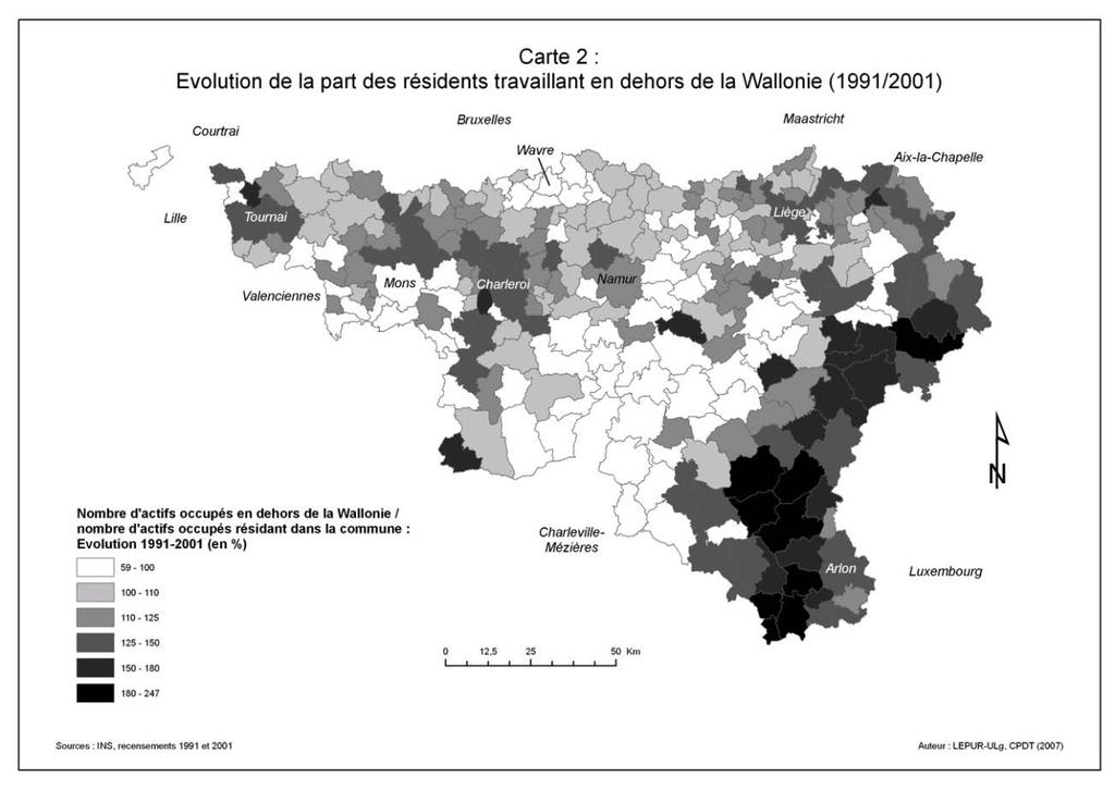 13 Carte 2 : Evolution de la part des résidents wallons travaillant en dehors de la Wallonie (1991/2001) Evolution de la distribution spatiale des flux sortants vers Bruxelles Ainsi, pour les flux