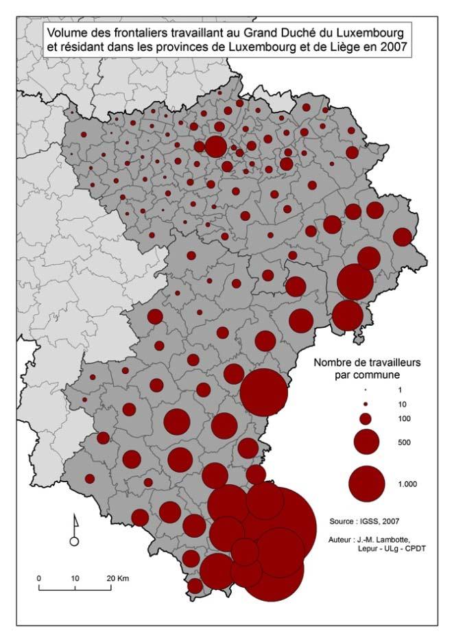 14 Carte 3 : Distribution selon la commune de résidence des frontaliers travaillant au Grand Duché (2001). Provinces de Luxembourg et de Liège.