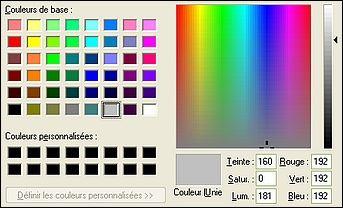 Le principe de sélection de couleurs est toujours le même, on clique avec la souris sur une couleur avec le bouton gauche pour changer la couleur de premier plan ou avec le bouton droit pour changer