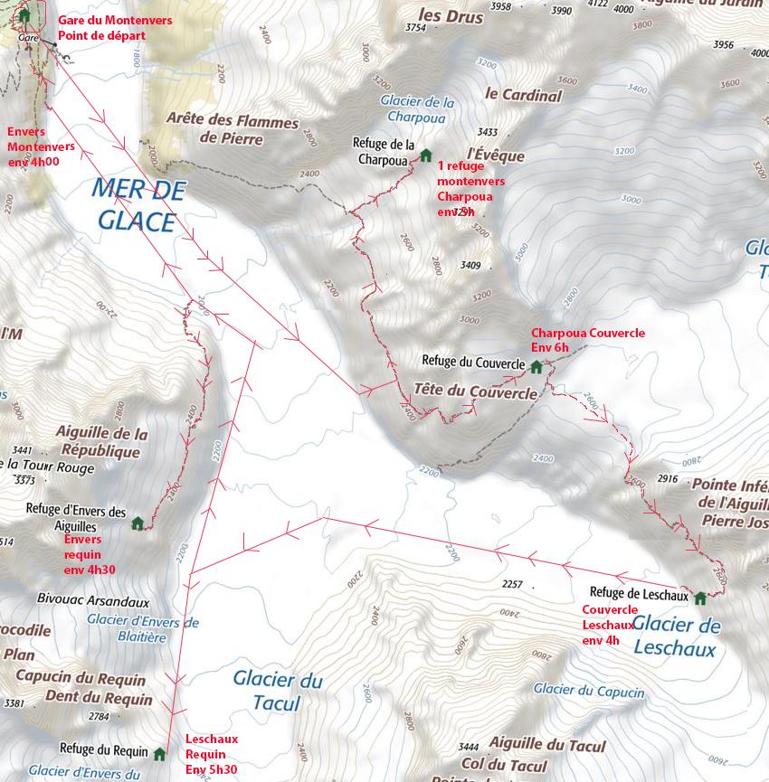 Tour de la mer de glace Carte IGN TOP25 3600T Chamonix massif du Mont Blanc Description du tour complet de la mer de glace passant par tous les refuges et empruntant les sentiers balcons de la mer de