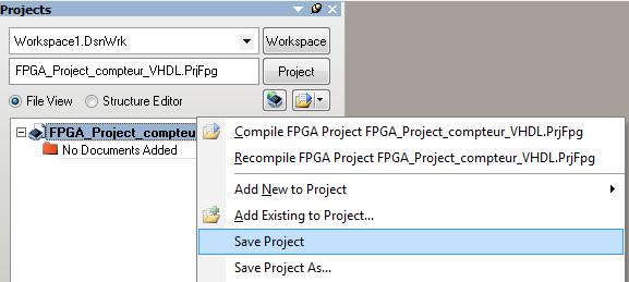 Pour sauvegarder le projet dans le répertoire de travail : Clic droit sur le nom du nouveau projet commande Save Projet as «FPGA_TP1.