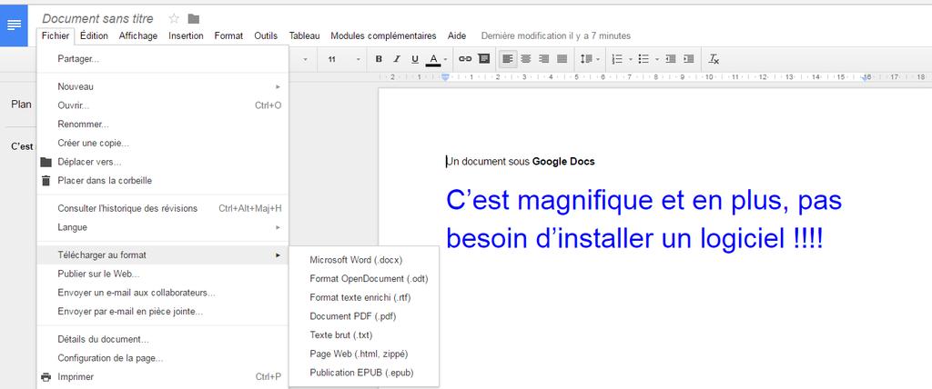 Google Docs Importation d un document A tout moment, il est possible d'extraire un document du Google Drive pour le récupérer en version Microsoft Office ou en PDF sur son ordinateur personnel.