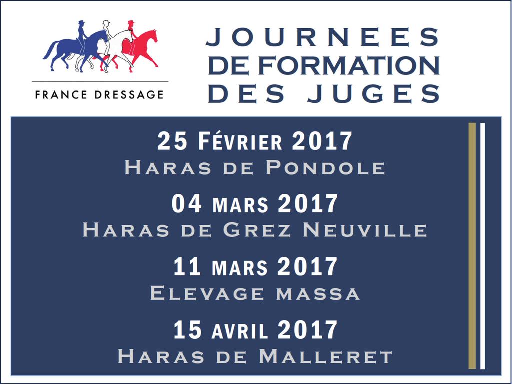 Journées de formation pour les juges France Dressage : Le retour enthousiaste des personnes présentes à la formation des juges en 2016, qui s était déroulée au Haras de Grez Neuville (49), nous a