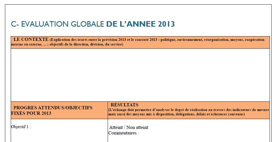 Evaluation globale de l année 2013 Afin de faciliter l entretien et de favoriser les échanges,