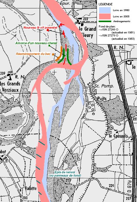 Projet proposé par BCEOM visant à renvoyer le lit de la Loire dans une situation proche de son tracé de 1980 : épis de renvoi au
