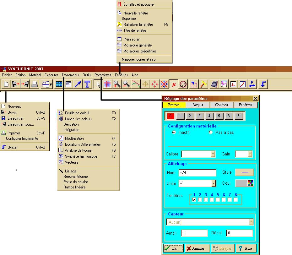 2 Le logiciel Synchronie2003 : La barre de menus : Le menu Fichier (raccourci : Alt + f ): Enregistrer votre fichier dans le répertoire courant (/travail).
