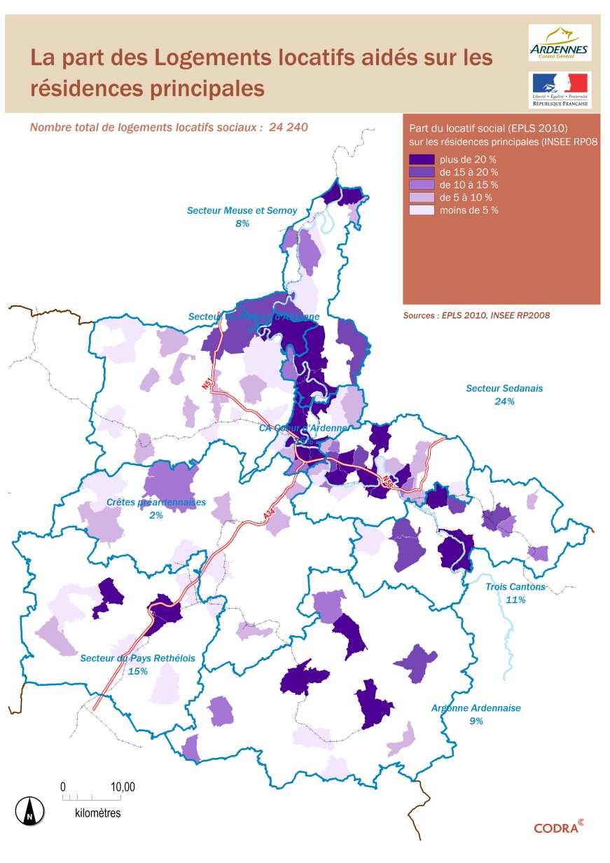 Une offre locative sociale bien présente mais inégalement répartie à l échelle du département 20,2% des résidences principales selon l EPLS 2010.