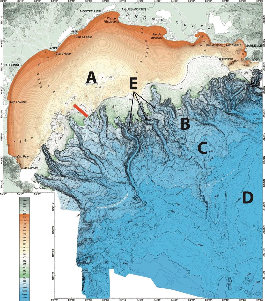 Document 2 : Carte de données bathymétriques du Golfe du Lion.