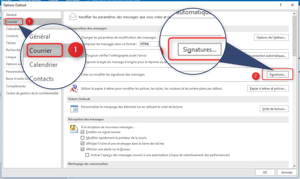 Client lourd : MS Outlook Un popup va s ouvrir intitulé Options Outlook 1 Cliquez d abords sur l onglet Courrier sur la gauche.