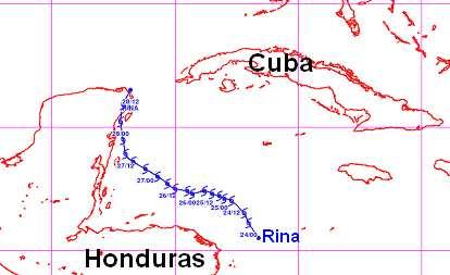Image composite colorée du 25/10/2011 à 19UTC illustrant l ouragan de classe 2 Rina en mer des Caraïbes Zoom sur les petites Antilles Emily, Irène, Maria et Ophelia ont toutes traversé l arc