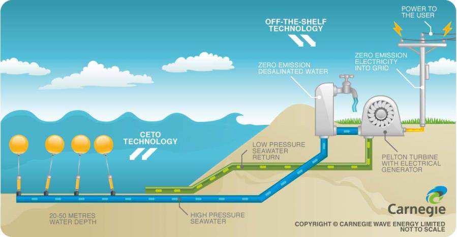 Bouées sous-marines La société australienne, Carnegie Wave Energy Technology, développe actuellement un système composé d un ensemble de bouées sous-marines activant des pompes reliées à une unité