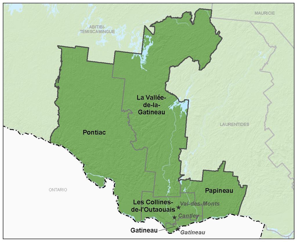 Coup d oeil sur l Outaouais Superficie en terre ferme (2013) : 30 472 km 2 Population (2015 p ) : 385 579 habitants Densité de population : 12,7 hab.