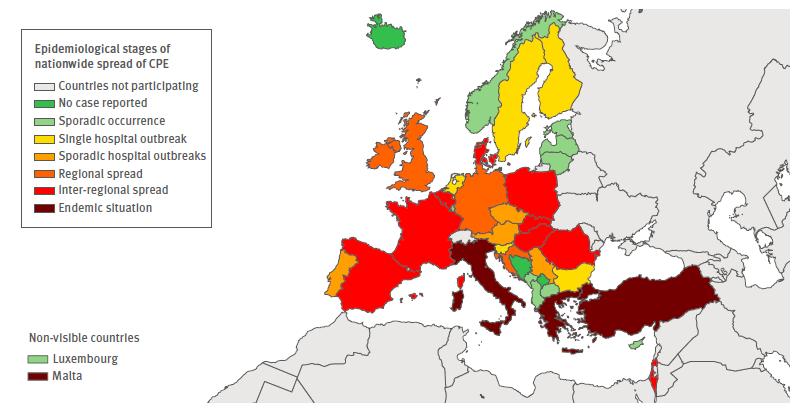 Europe (ECDC) : Occurrence of carbapenemase-producing Enterobacteriaceae in 38 European