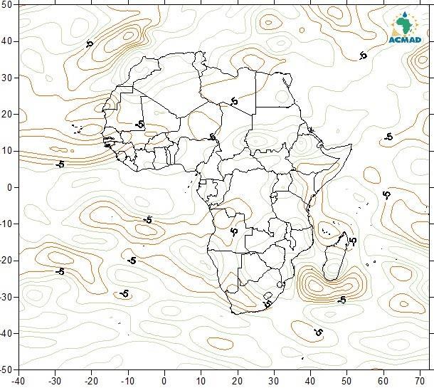 sud du Tchad, le nord de la RCA, l'ouest de la RDC, de Kenya, le nord de Madagascar où de valeurs d'humidité de 60% ont été enregistrées.