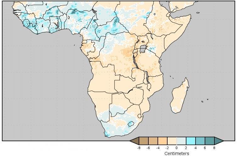 Des anomalies de températures neutres à négatives sont prévues sur le Gabon, les côtes de Golfe de Guinée, le Madagascar, la majeure partie de l'angola, du Cameroun, de Malawi, de l'ouganda, de