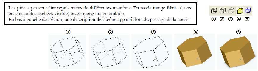 1.5 Changer l apparence de la vue Les pièces peuvent être représentées de différentes manières. En mode image filaire (avec ou sans arêtes cachées visible) ou en mode image ombrée. 1.