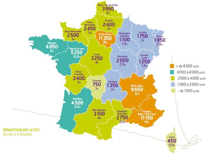 Répartition par région 40 % des actifs sont concentrés dans 3 régions (Îlede-France,