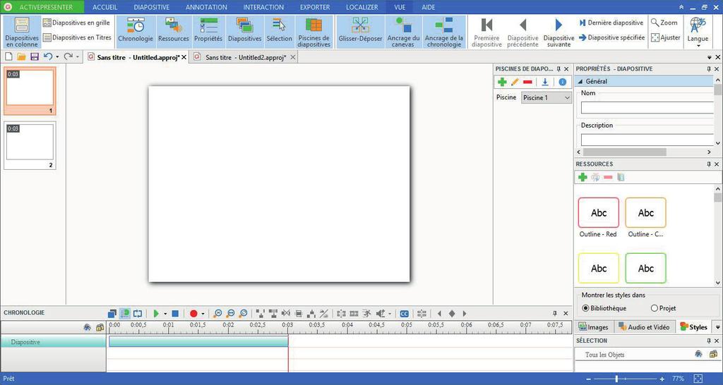 L interface du logiciel L interface d Active Presenter est à la croisée entre celle d un logiciel de PréAO (diaporama) et celle d un logiciel de montage vidéo : une partie de l écran est dédiée à l